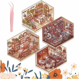 4 Pcs 3D House Sticker Paper Miniature Model Paper Dollhouse Paper Material Pack Diary Diary DIY 3D House Sticker 3D Korean Style Niche Stress Relief Cute Sticker Hobby (Small Flower Fasse, Cafe,
