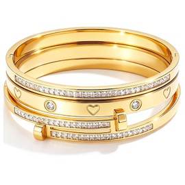 Camhanno Stackable Gold Bracelets for Women Stainless Steel Love & Friendship Bangle, Mothers Day Valentines Birthday Christmas Jewelry Gifts for Mom Her Wife Grandma(Style 14)