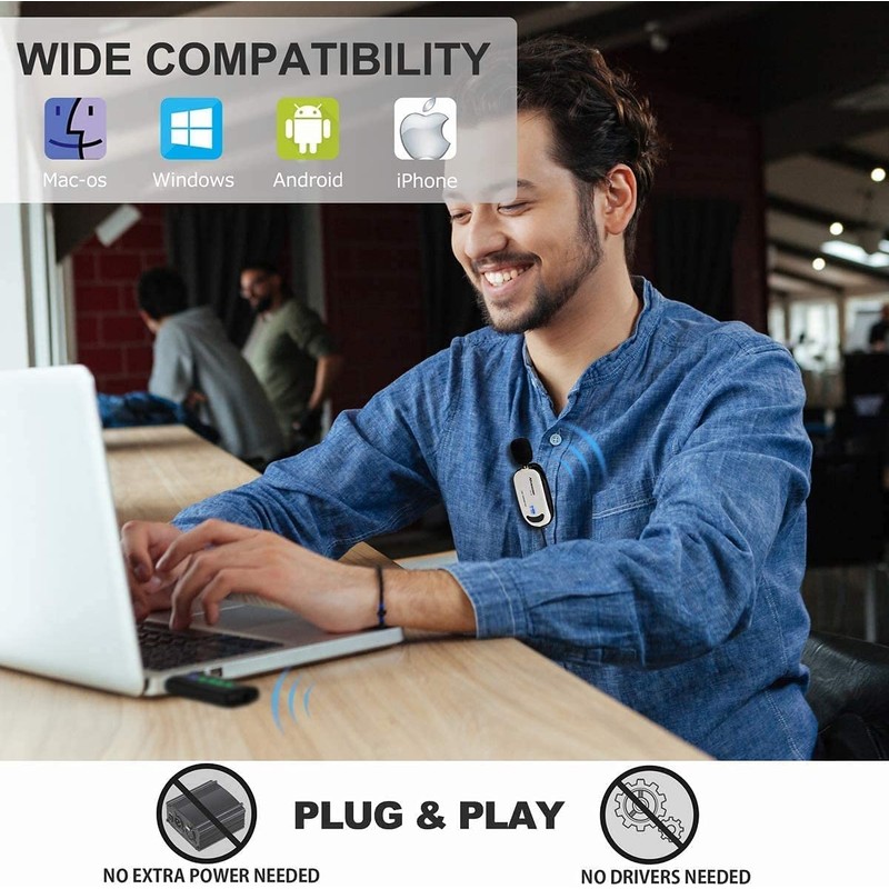 Alvoxcon USB Micrófono Inalámbrico de Solapa para PC, Doble Micrófono