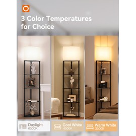 addlon Floor Lamp with Shelves, 5-Tier Adjustable Corner Lamp with 3 Color Temperatures & Linen Shade, Modern Floor Lamps for Living Room, Home Office & Bedroom (E26 LED Bulb Included, 800lm) - Black