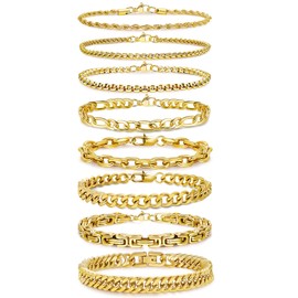 8Pcs Stainless Steel Chain Bracelets for Men Women Cuban Link Bracelets Paperclip Figaro Rope Chain Bracelets Set Gold 9 Inch