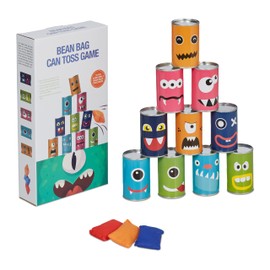 Relaxdays Tin Can Alley Can Throwing Monster, Can Throwing for Children's Birthdays, 10 Tin Cans & 3 Throwing Bags, Garden Toss Game, Colourful, 80% Iron Polyester, 10% Sand