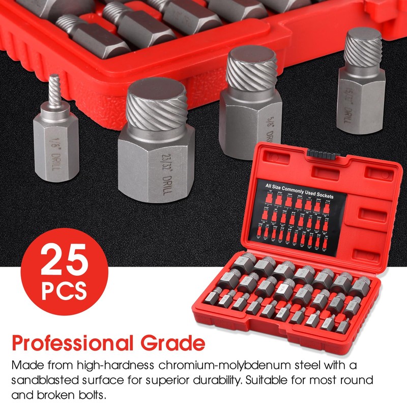 25-Piece Screw Extractor Set, Multi-spline Extractor Set Easy Out Bolt