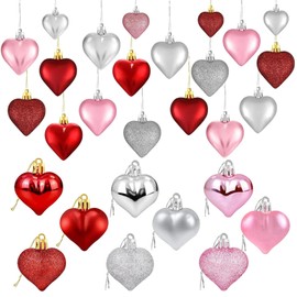 36Pcs Valentine's Day Heart Hanging Ornaments for Tree Decorations, Valentines Heart Shaped Baubles Ornaments for Home Party Wedding Decor (Rose Red,Pink,Silver,Glitter