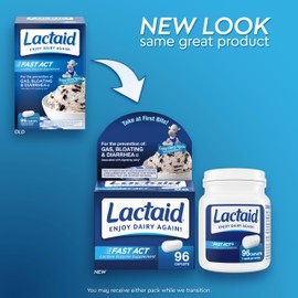 Lactaid Fast Act Lactose Intolerance Caplets with Lactase Enzyme, Dairy Relief from Gas, Bloating & Diarrhea, 9000 FCC Lactose Intolerance Pills, 96 Individual Travel On-The-Go Packs (96 x 1 ct)