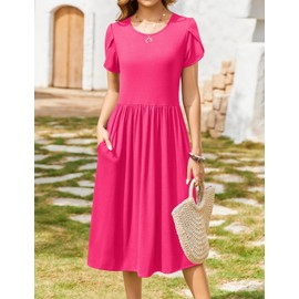 Zeagoo midi Dress for Women Short Sleeve Summer Dress Plain Aline Flowy Swing Tshirt Dress Casual Crewneck Loose Shift Dressess wiht Pocket,Rose,XX-Large
