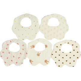 [§&∞&COCO] Baby Bib, Set of 5, 6-ply Gauze, 100% Cotton, Washable, Large, Soft, Petal Shaped, For Nursery Schools, Baby Bibs, 360 Degree Rotation, B Set