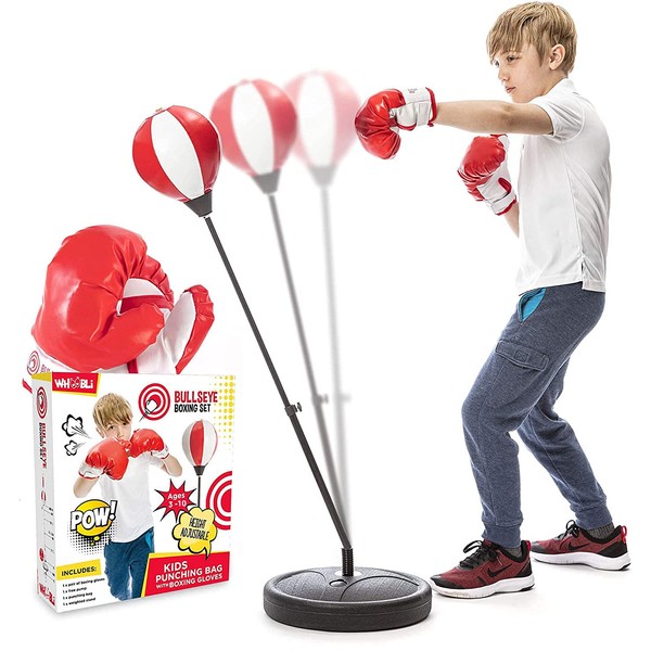 Whoobli Punching Bag Incl Gloves | 3-10 Years Old Adjustable Kids Bag with Stand | Boxing Bag Set Toy for Boys & Girls (Red White)