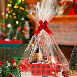 Yeaqee 36 Pcs Christmas Baskets for Gifts Empty Set Includes 12 Buffalo Plaid Christmas Basket for Gifts to Fill, Sturdy Cardboard Baskets Bulk 12 Bags 12 Pull Bows for Christmas Xmas