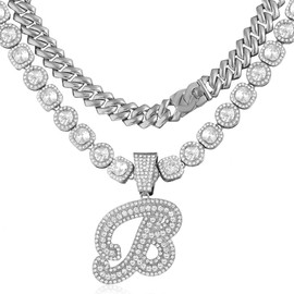 2pcs Cuban Link Chain for Women Cursive Silver Initial Necklace Cuban Link Necklace for Women Hip Hop Iced Out Chain Necklace Bling Diamond 14mm Cuban Chain Letter Name Hip Hop Jewelry Gift (B, Silver)