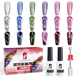 Clara Colors Cat Eye Gel Polish Set of 6 Colors Magnetic Gel Nail Polish Set Holographic Glitter Cat Eye Gel Polish Set with 1 Magnet Stick for Home DIY Soak Off UV LED Manicure Nail Salon