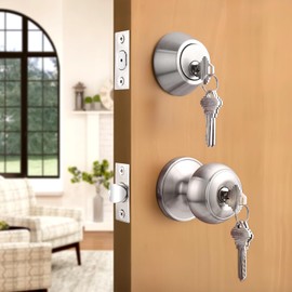 Probrico Door Knob and Single Cylinder Deadbolt Lock Set, Satin Nickel Front Door Handle and Deadbolt,Keyed Alike Reversible Deadbolt and Knob Set, Exterior Door Lock Set with Deadbolt,4Pack