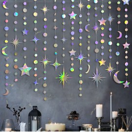 Iridescent Party Decorations Holographic Star Moon Circle Dot Garland Hanging Crescent and Twinkle Little Star Streamer Bunting Banner for Birthday Ramadan EID Mubarak Euphoria Karaoke Music Decor