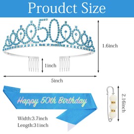 POPOYU 50th Birthday Crown and Sash, Crown 50th Birthday Women, 50th Birthday Tiara Blue, Crown 50th, 50th Birthday Girl Headpiece for Birthday Gift, Party Accessories