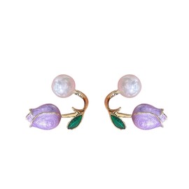 Peasimy Enamel Tulip Pearl Earrings for Women Pearl Flower Floral Stud Earrings Wedding Birthday Party Jewelry, Large, Metal, No Gemstone