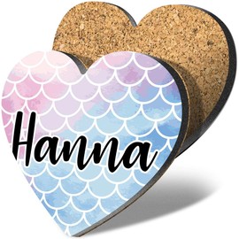 1 x Heart Coaster - Name Hanna Mermaid Scales Fish Sea Letter Lettering Initial Cork Backed MDF Glossy Tea Coffee Accessory #279729