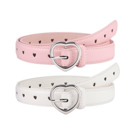 AWAYTR 2 Pack Kids Leather Girls Belt, with Heart Buckle for Pants Dress, White and Pink, Fit Waist 18''-22''