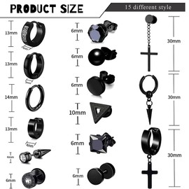 Hebterrka 15 Pairs Black Stainless Steel Earrings for Men Women Hoop Earrings Set Hypoallergenic Cross Dangling Hinges Earrings Set Gifts, black
