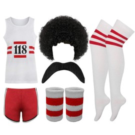 FAIRY BOUTIQUE Men Women 118 Fancy Dress Costume Vest + Shorts + Afro Wig + Tash + Socks + Wristband Set Marathon Retro Outfit (Unisex-118-Costume-6Pcs-Set, Medium)