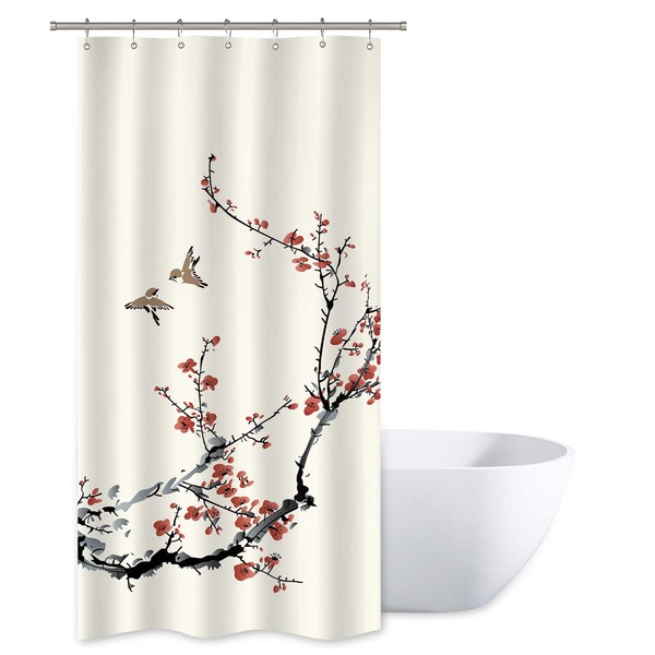 Riyidecor Stall Blossom Cherry Buds Shower Curtain 36Wx72H Inch Spring Flower Branches Asian Style Japanese Chinese Floral Birds Decor Fabric Polyester Waterproof Fabric 7 Pack Plastic Hooks RY-OUCG