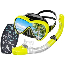 WATER GAMES Snorkeling Snorkel Mask Snorkel Set of 2 - Easy to Put on and Take Off Mask Strap Cover with Anti-Fog Film Storage Bag for Men and Women (Yellow)