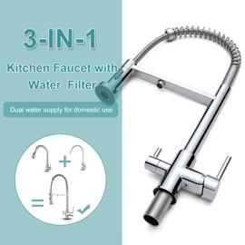 KINKIB Pull-Out Kitchen Faucet with Water-Filter-Faucet - Kitchen Sink Faucet with 2 Spray Modes, RO System Compatible, Dual Handle Lead-Free Brass Design, Chrome
