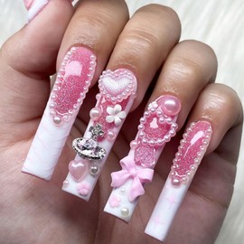 White French Tip Press on Nails Exta Long Square Fake Nails with 3D Bow Rose Hearts Pearls Flowers Rhinestones Stars Lines Designs Glitter Sequins Glue on Nails Pink Stick on Nails for Women 24 Pcs