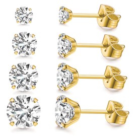 SJBAUTYO 4 Pairs of Men's Earrings, Silver, Medical Stud Earrings, 316L Surgical Steel Stud Earrings, Hypoallergenic Stainless Steel Earrings Set, Zirconia Stud Earrings for Men Women Unisex, Gold