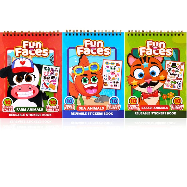 JOYIN Make-a-Face Reusable Sticker Books 3-Pack (Safari, Farm, Sea Animals)