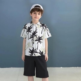OXUBOAO Boy Summer Clothes Set Kids Hawaii Shirts Button Down + Black Shorts Outfits (Wihte Black, 7-8T)