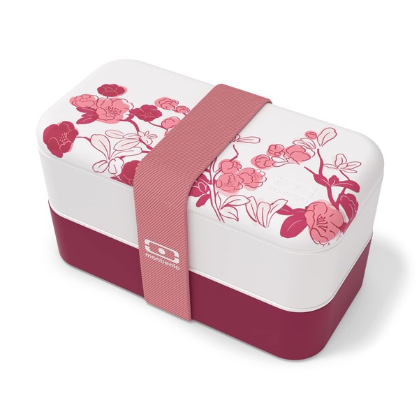 monbento - MB Original Magnolia Bento Box with Compartments Made in France - 2 Airtight Levels - Lunch Box Ideal for Office/School/Meal Prep - BPA Free - Safe for Food Use - Pink with Flowers