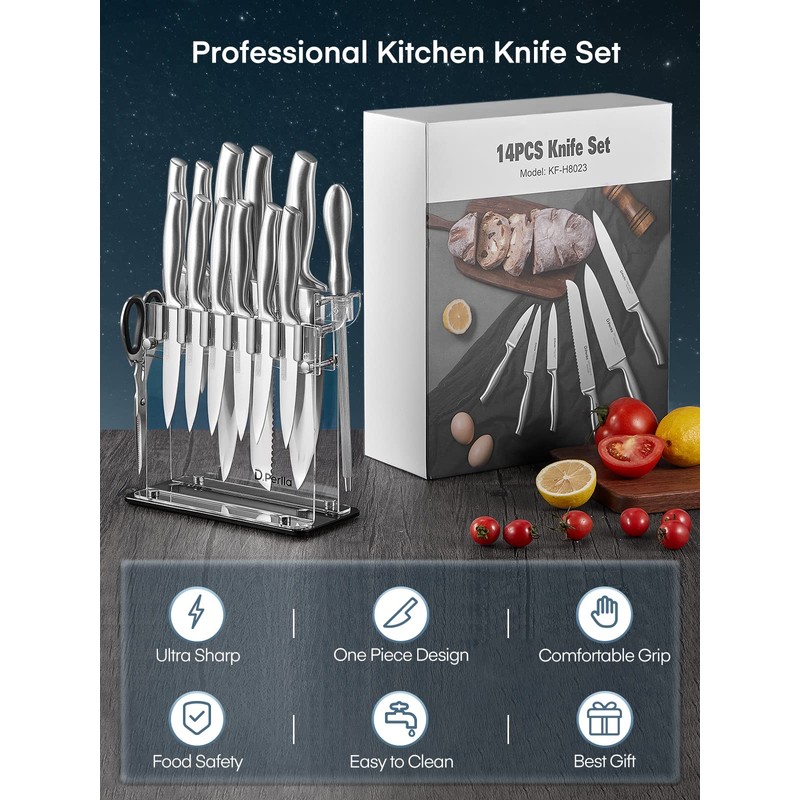 D.Perlla Knife Set, 14 Pieces Kitchen Knife Set with Clear