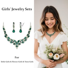 BriLove Bridal Jewelry Set, Sparkling Austrian Crystal Teardrop Cluster Statement Necklace Clip-on Earrings Set for Flower Maids Wedding Party Prom Emerald Color Silver-Tone