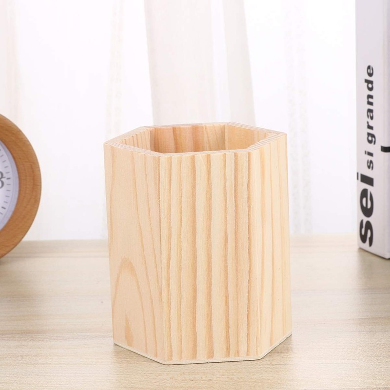 Healifty Pen Pot Pen Holder Hexagon Tube Wooden Pen Container
