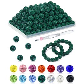 120PCS FIVEIZERO Rhinestone Beads for Jewelry Making, 10mm Emerald Shiny Round Sparkle Crystal Clay Beads Bulk Sparkly Baseball Necklace Beads for Bracelets and DIY Crafts