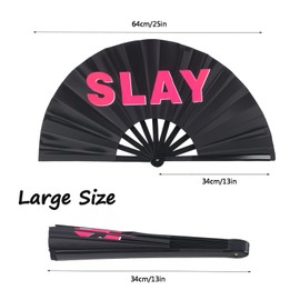 Plzoslly 2 Pack Large Folding Hand Fan Men/Women Rave Fan, Chinese Kung Fu Tai Chi Hand Fan Black Vintage Foldable Hand Fans for Dancing, Festival, Gift, Home Decorations(Iconic & SLAY)