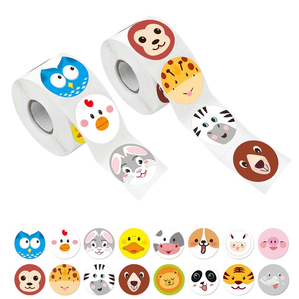 600 Pcs Adorable Round Face Animal Stickers in 16 Designs with Perforated Line for Kids Party Favor (Each Measures 1.5" in Diameter)