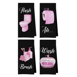 Geqtt Black Pink Bathroom Decor Set - Girly Decorative Waffle Weave Hand Towels, Womens Bathroom Decor, Black and Pink Bathroom Accessories (16×24 Inches Set of 4)