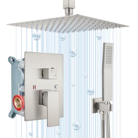 Airuida 12 Inch Ceiling Shower System Brushed Nickel SUS304 Ultra-thin Ceiling Mount Rain Shower Head with Handheld Rough-in Valve Bathroom Luxury Brass Shower Rain Mixer Shower Faucet Set