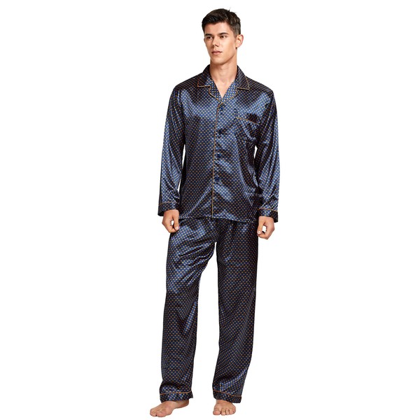 Tony & Candice Men's Classic Satin Pajama Set Sleepwear (Blue/Golden, Large)