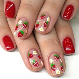 Jremg Strawberry Press on Nails Short Square Fake Nails Cute Flower Strawberry False Nails Glossy Solid Color Red Full Cover Glue on Nails Reusable Stick on Nails for Women Girls Manicure Art 24Pcs