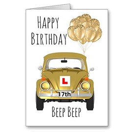 17th Birthday Card Learn to drive Learner Driver Gold Vw Beetle Car