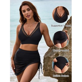 Blooming Jelly Womens Swim Dress Skirt High Waisted Bikini Tummy Control Swimsuits Modest Mesh Bathing Suits (S, Black)
