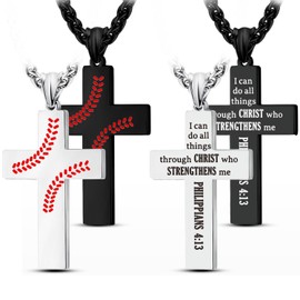 LAOYOU 2pcs Baseball Cross Necklaces For Teen Men, Black & Silver Stainless Steel Baseball Necklaces For Teenager Men Philippians 4 13 Inspirational Bible Verse Quote Pendant Chain Religious Gift
