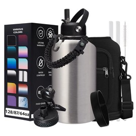 32/40/64/128 OZ Vacuum Insulated Water Bottle - Keep Hot Cold Vacuum Gallon Flasks with Straw & Spout Lids, Paracord Handle, Stainless Steel Water Jug - Color: Brushed Stainless Steel, Size: 64oz