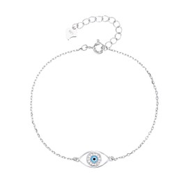 MYSTIC JEWELS 925 Sterling Silver White and Blue Enamel Guardian Eye Chain Bracelet Fine Minimalist Style Adjustable 16+3cm Free Gift Bag One Size Silver