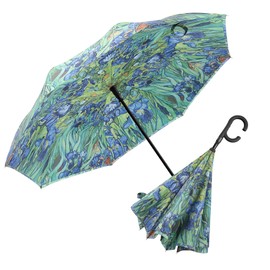 RainCaper Reverse Inverted (inside-out) Windproof van Gogh Irises Designer Print Reverse-opening Upside Down Umbrella with C-shaped Handsfree Handle