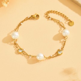 JotCa Gold Bracelets for Women 18K Gold Plated Layered CZ Diamond Pearl Bracelet Dainty Gold and Pearl Beaded Bracelets Non Tarnish Religious Gold Jewelry Gifts