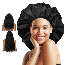 Extra Large Shower Cap, Double-Layer Waterproof Reusable, XL Satin Lining Shower Bonnet for Women Thick, Long Hair, Locs, Braids(Black) - Pattern Na: Black Adjust