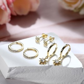 Jstyle Women's Popular 925 Sterling Silver Stud Earrings Set, Multiple Combinations, Hypoallergenic, 14K Gold Earrings, Small, Hoop Earrings, Cartilage, 3 Pairs